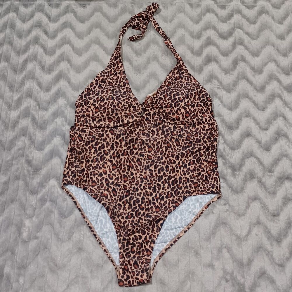 Kona Sol Womens Size 24w Brown Leopard Print One Piece Swimsuit NWOT